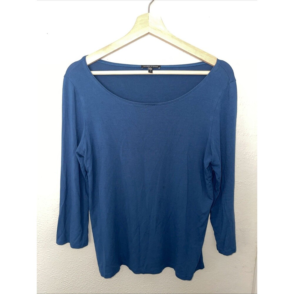EILEEN FISHER Teal Blue Scoop Neck 3/4 Sleeve Top Women’s Size Small